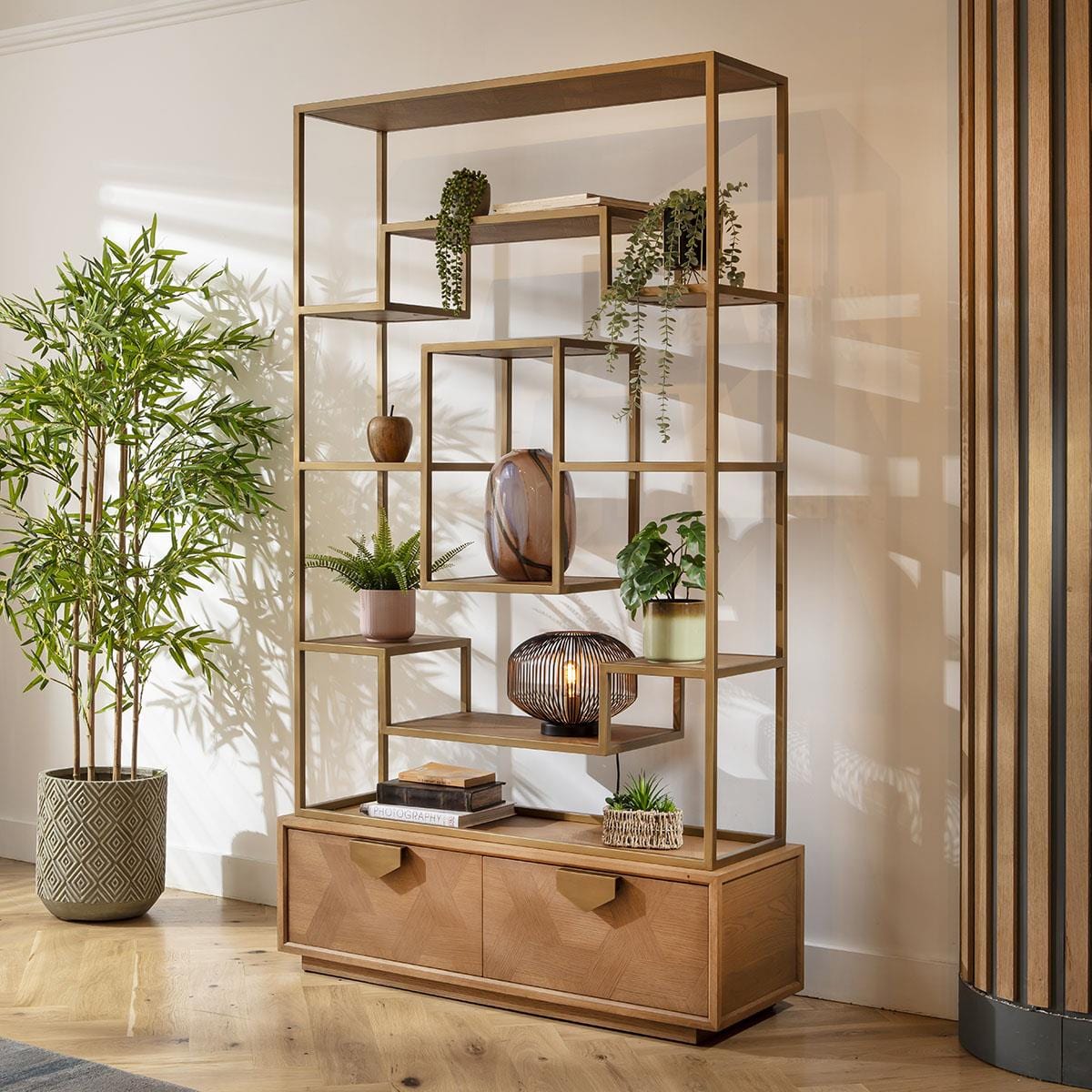 Hemingway Tall Shelving Unit Display Case Oak & Gold Brown 120x207cm