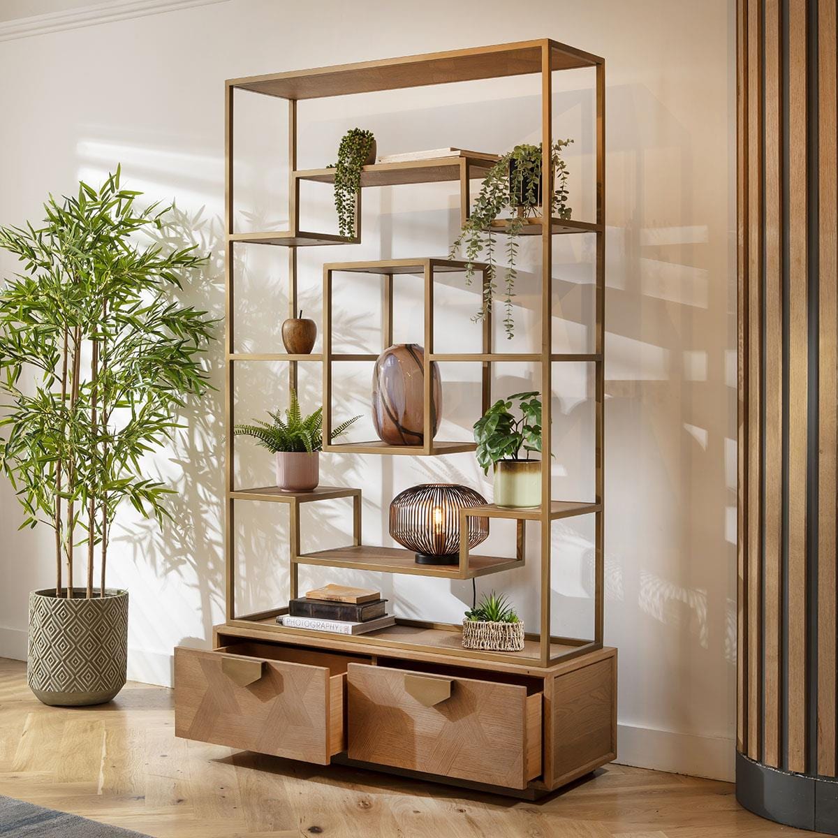 Hemingway Tall Shelving Unit Display Case Oak & Gold Brown 120x207cm