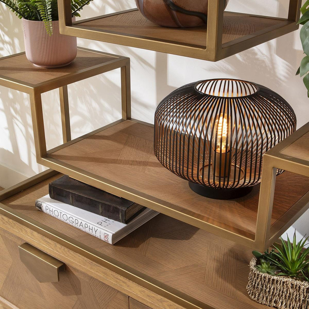 Hemingway Tall Shelving Unit Display Case Oak & Gold Brown 120x207cm