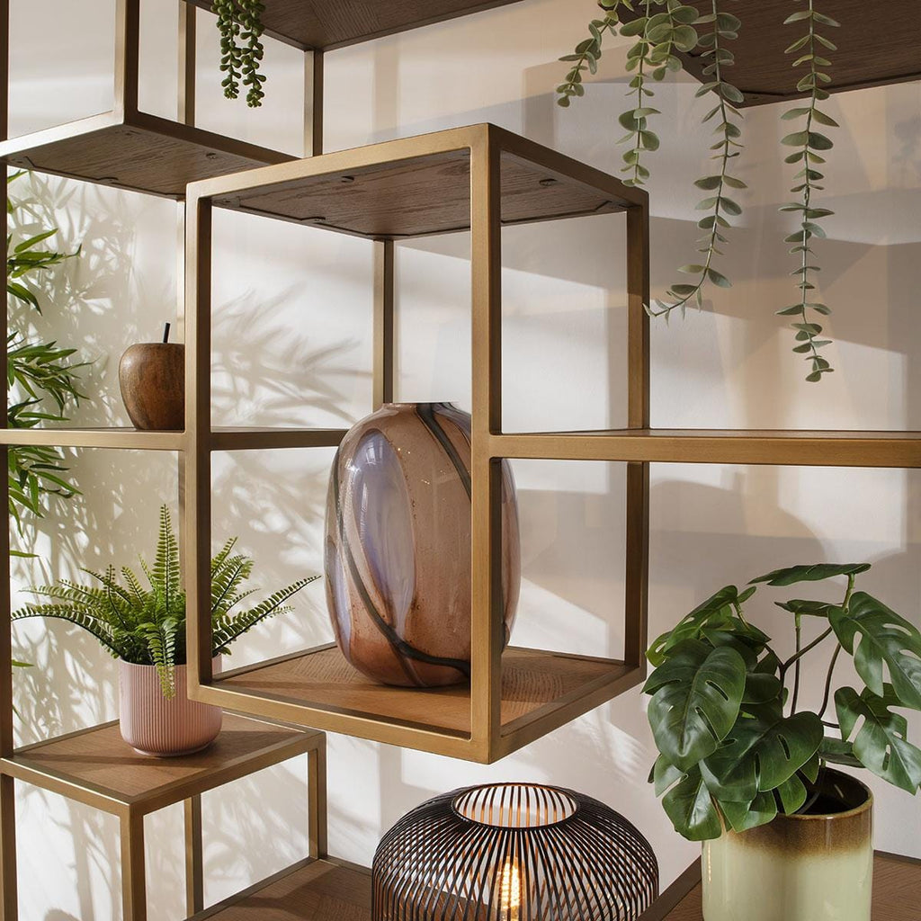 Hemingway Tall Shelving Unit Display Case Oak & Gold Brown 120x207cm