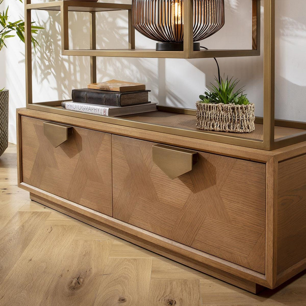 Hemingway Tall Shelving Unit Display Case Oak & Gold Brown 120x207cm