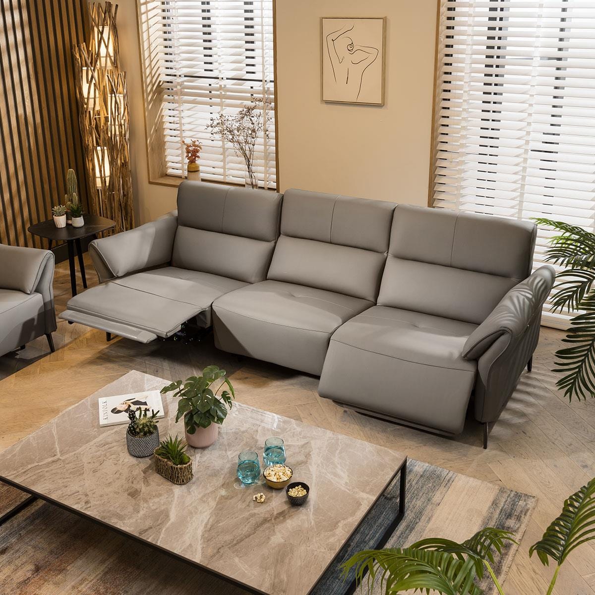 Louie Recliner 3 Seater Leather Sofa Grey