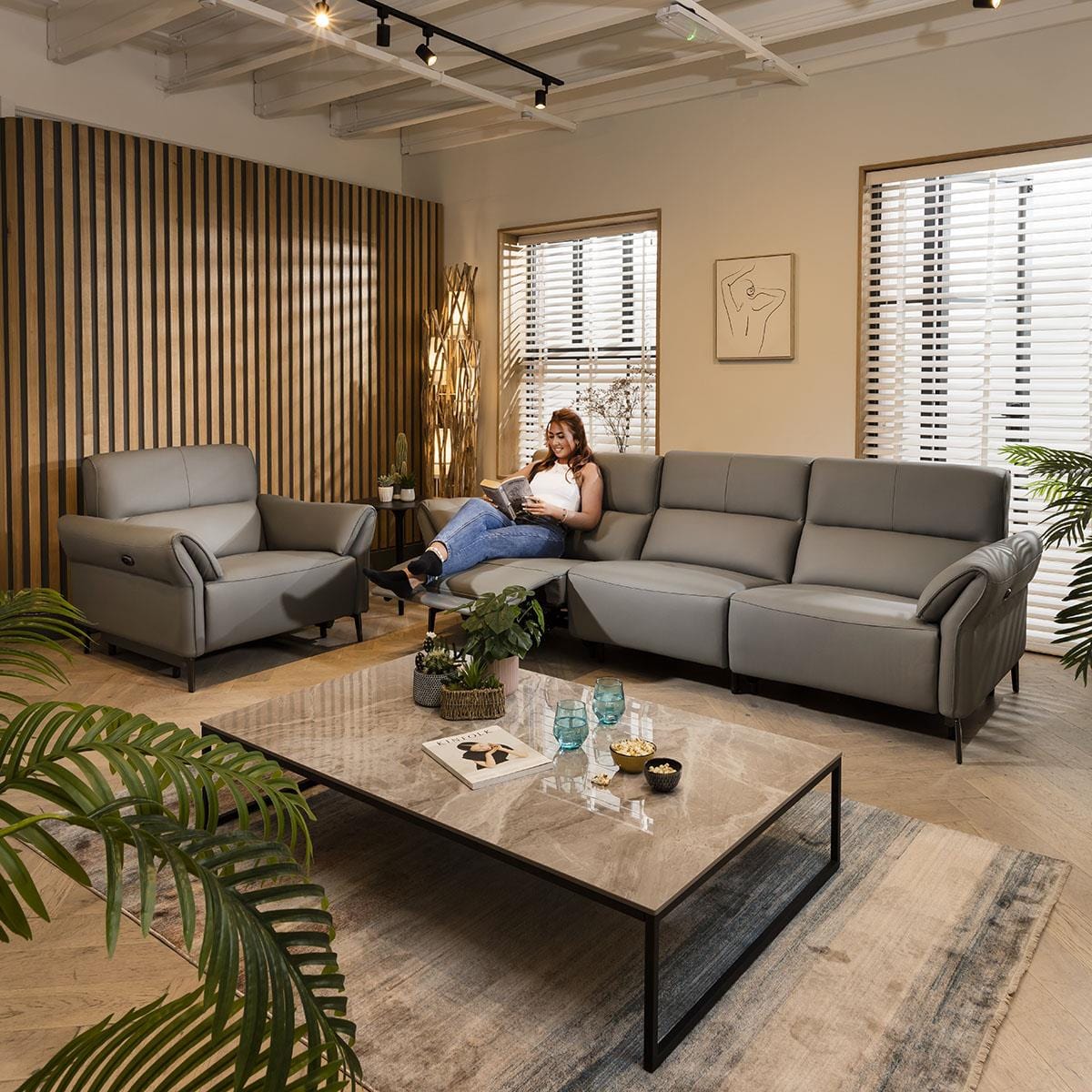 Louie Recliner 3 Seater Leather Sofa Grey