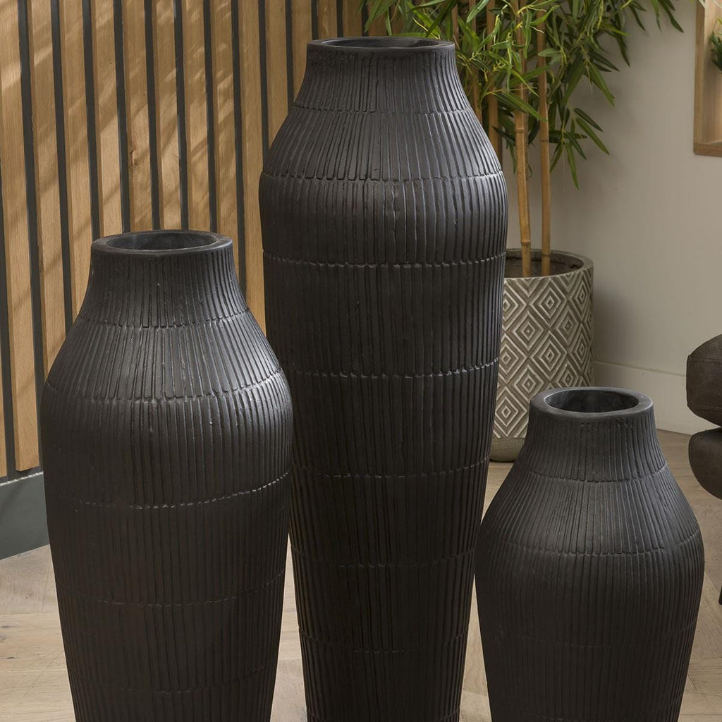 Trio Of Stunning Tall Scribed Black Vases 600 + 800 + 1000 High