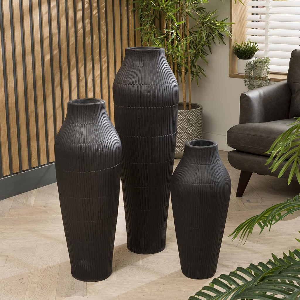 Trio Of Stunning Tall Scribed Black Vases 600 + 800 + 1000 High