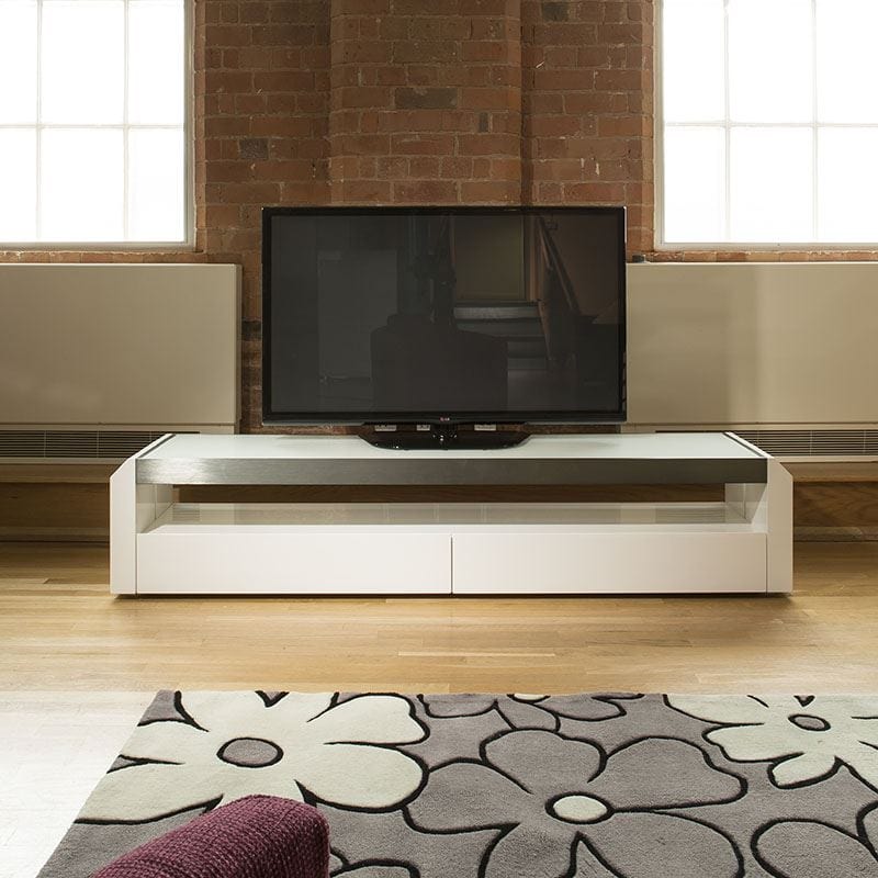 TV / Television Cabinet Unit White Gloss / Stainless with Glass Top