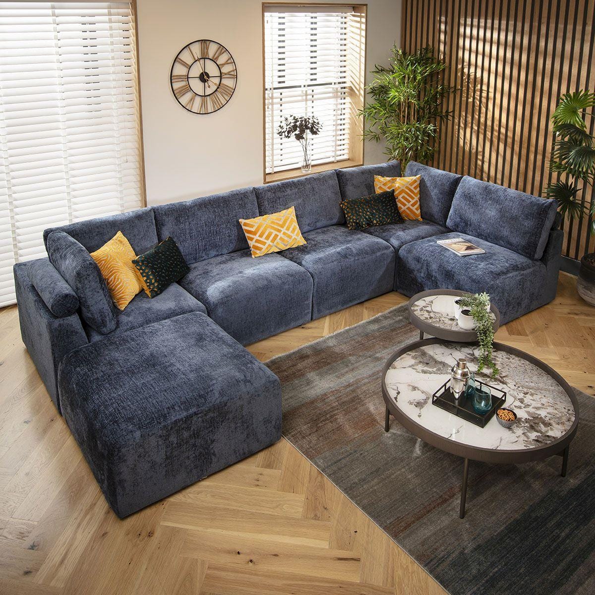 Martha 6 Seater U-Shape Sofa Blue Chenille 348x176cm 6R