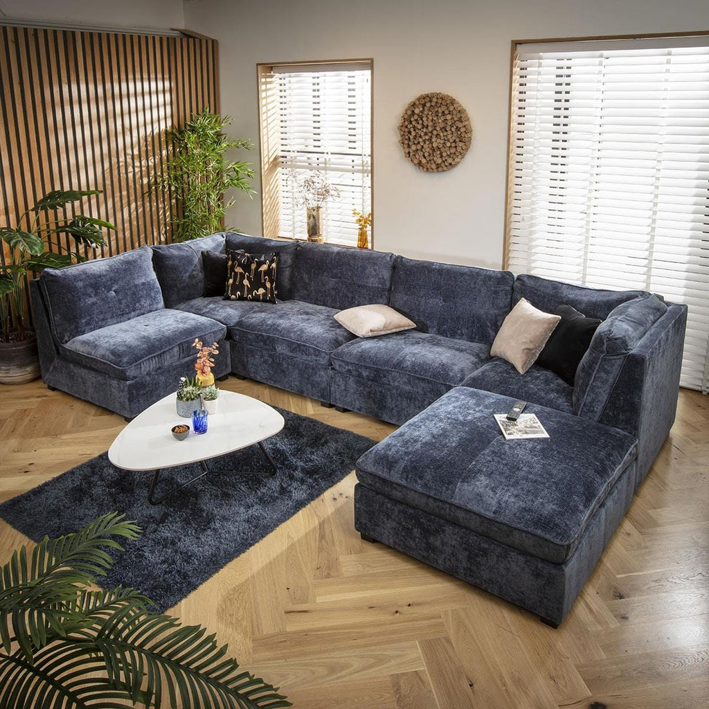 Anni 6 Seater U-Shape Sofa Blue Chenille 366x192cm 6R