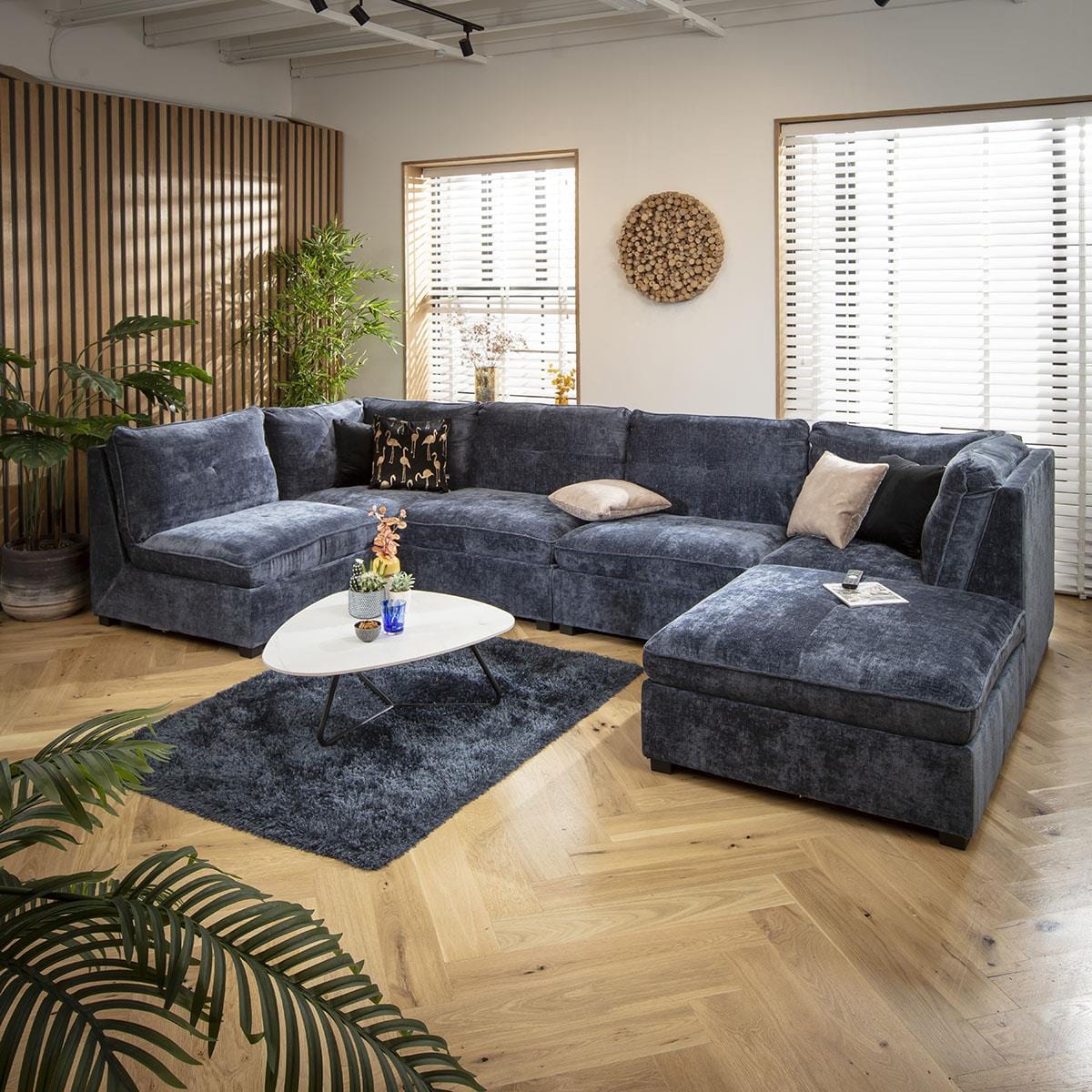 Anni 6 Seater U-Shape Sofa Blue Chenille 366x192cm 6R