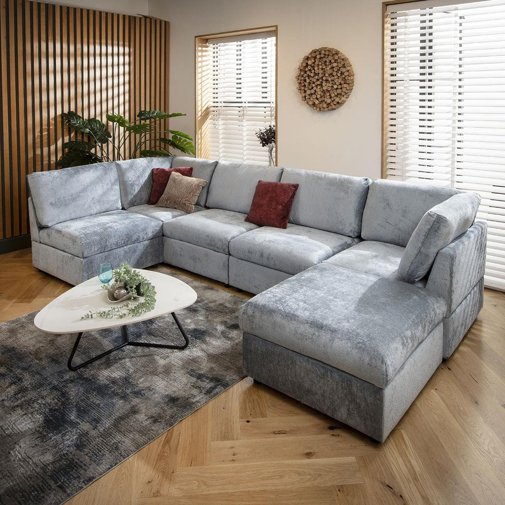 Sully 6 Seater U-Shape Sofa Blue Chenille 320x160cm 6R