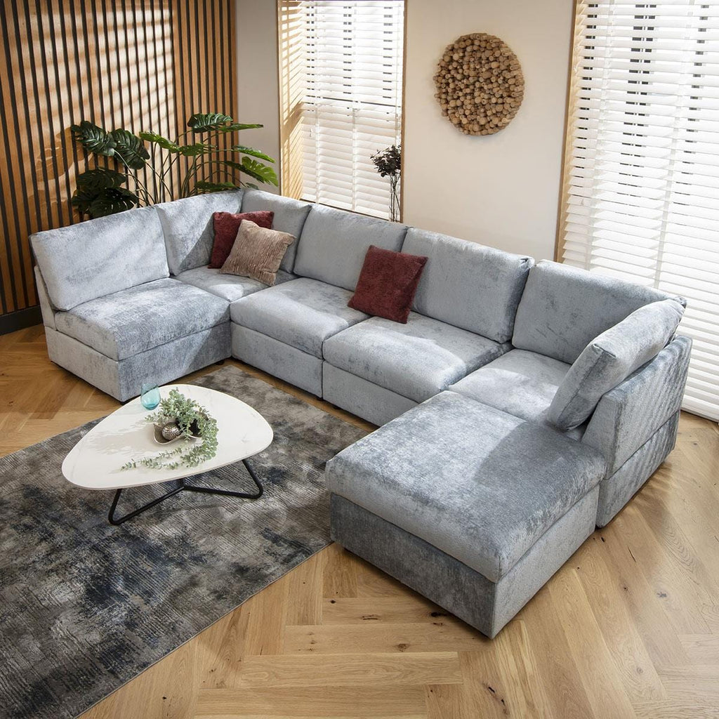 Sully 6 Seater U-Shape Sofa Blue Chenille 320x160cm 6R