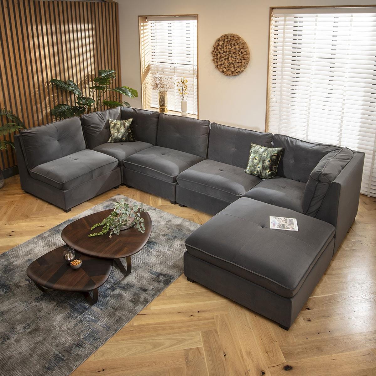 Anni 6 Seater U-Shape Sofa Grey Velvet 366x192cm 6R