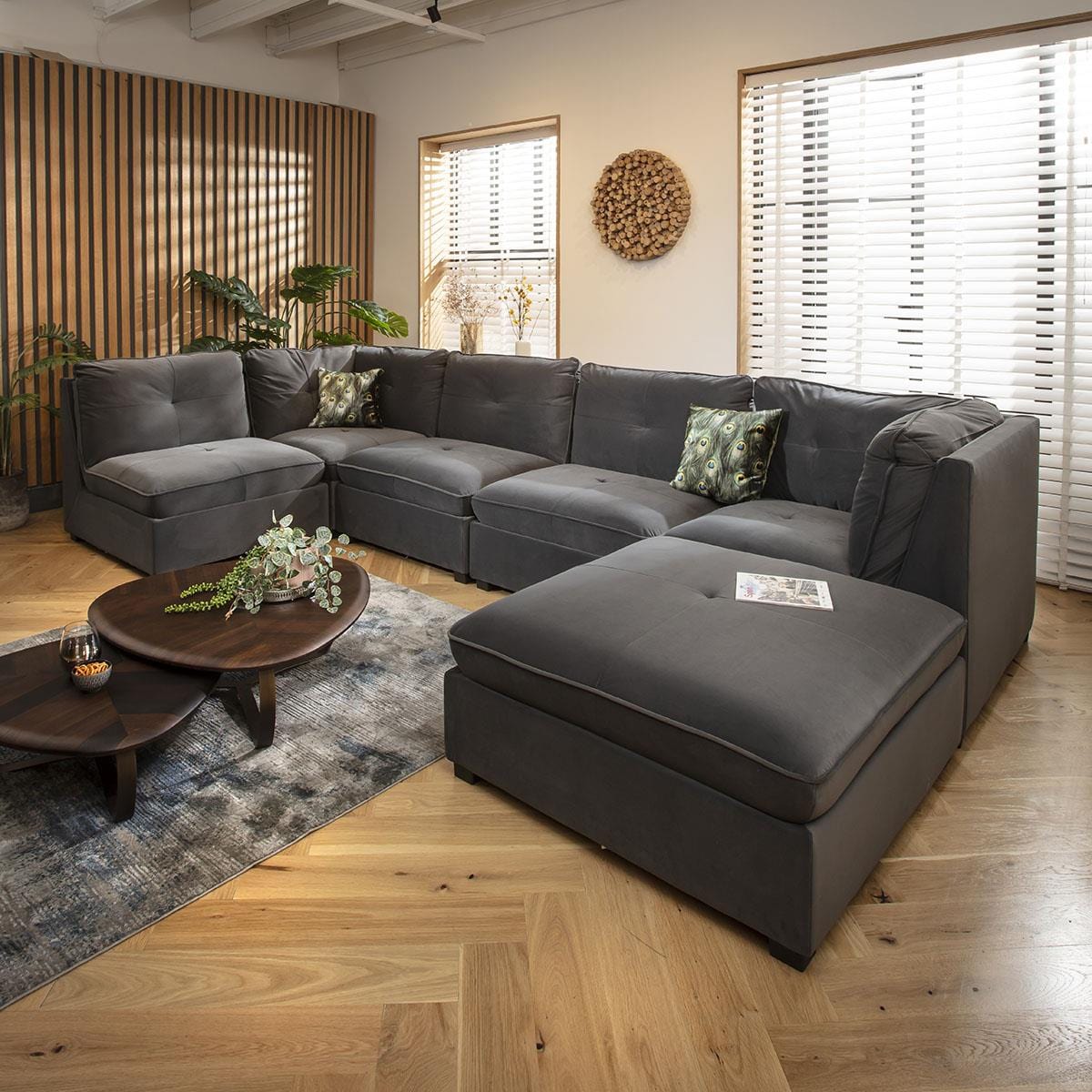 Anni 6 Seater U-Shape Sofa Grey Velvet 366x192cm 6R