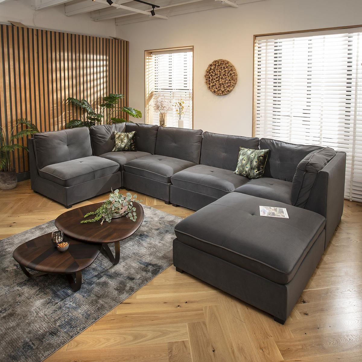 Anni 6 Seater U-Shape Sofa Grey Velvet 366x192cm 6R