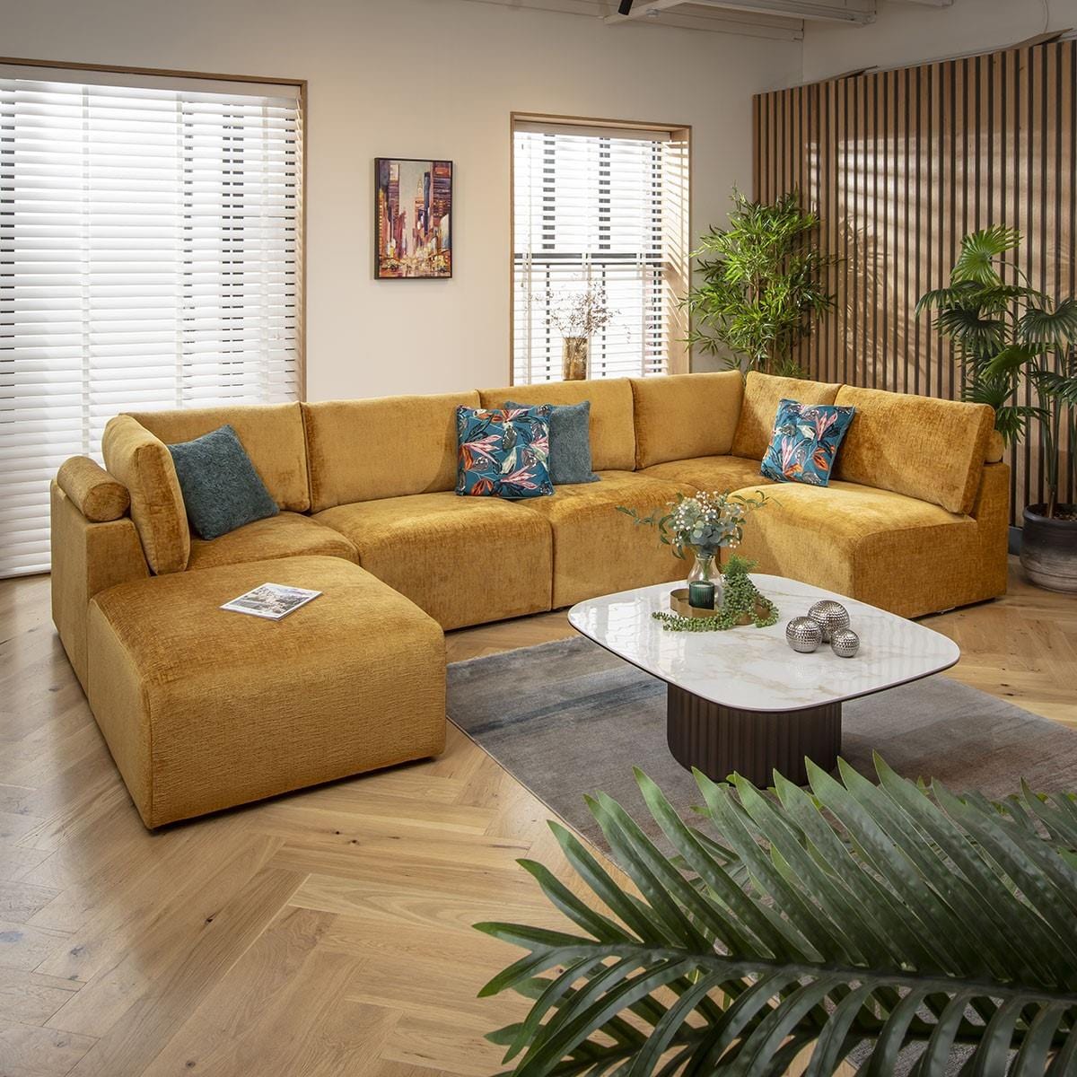 Martha 6 Seater U-Shape Sofa Mustard Chenille 348x176cm 6R