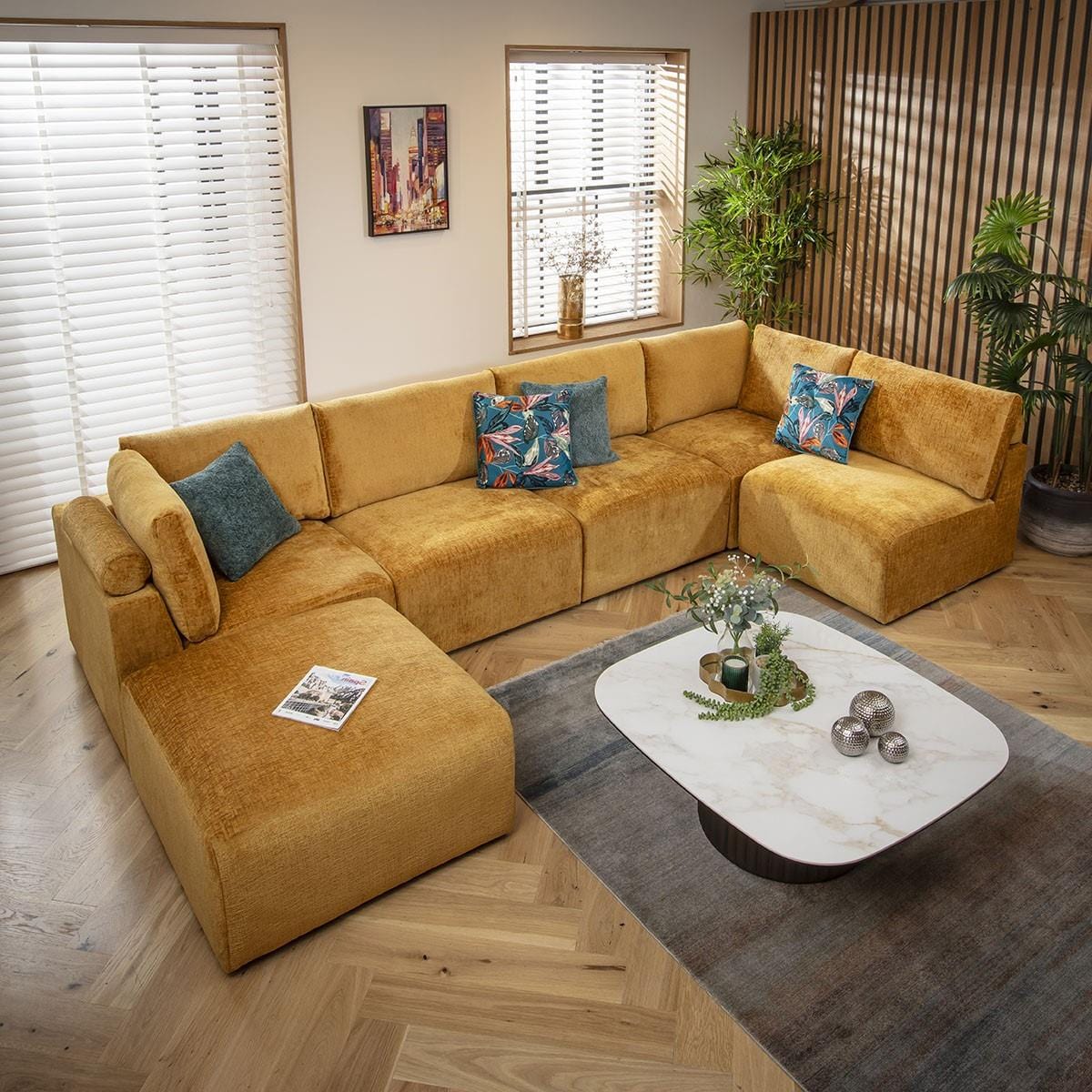 Martha 6 Seater U-Shape Sofa Mustard Chenille 348x176cm 6R