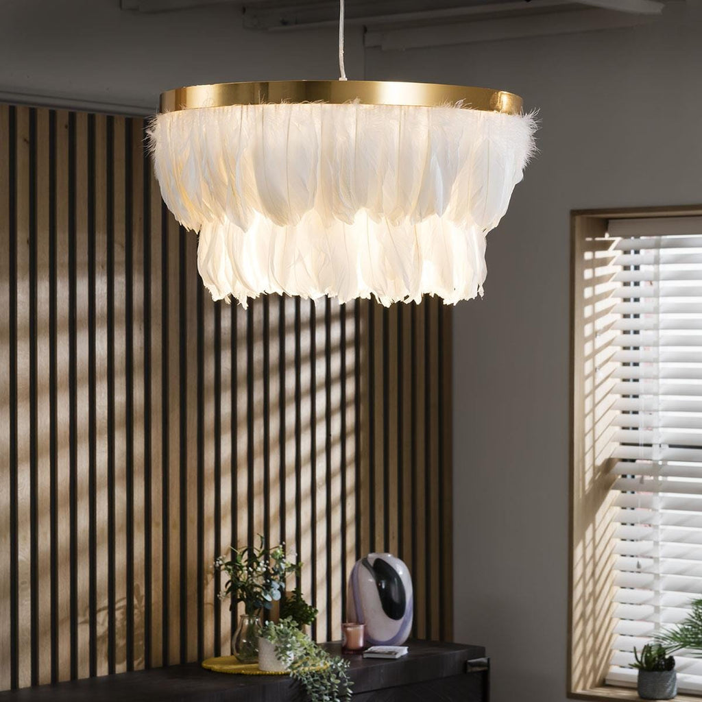White Feather Chandelier Ceiling Light Pendant Fitting - Modern Ring Shade 50cm