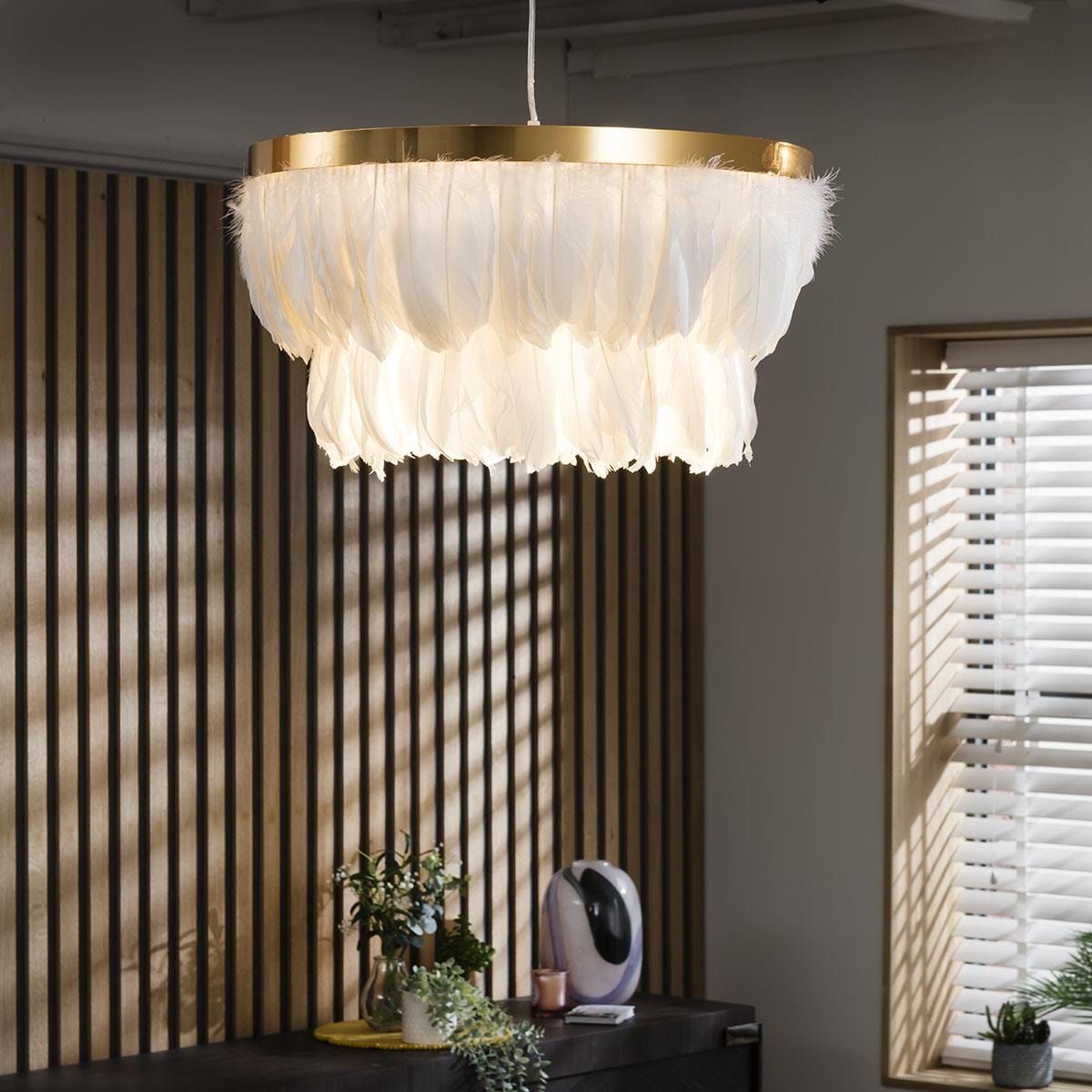 White Feather Chandelier Ceiling Light Pendant Fitting - Modern Ring Shade 50cm