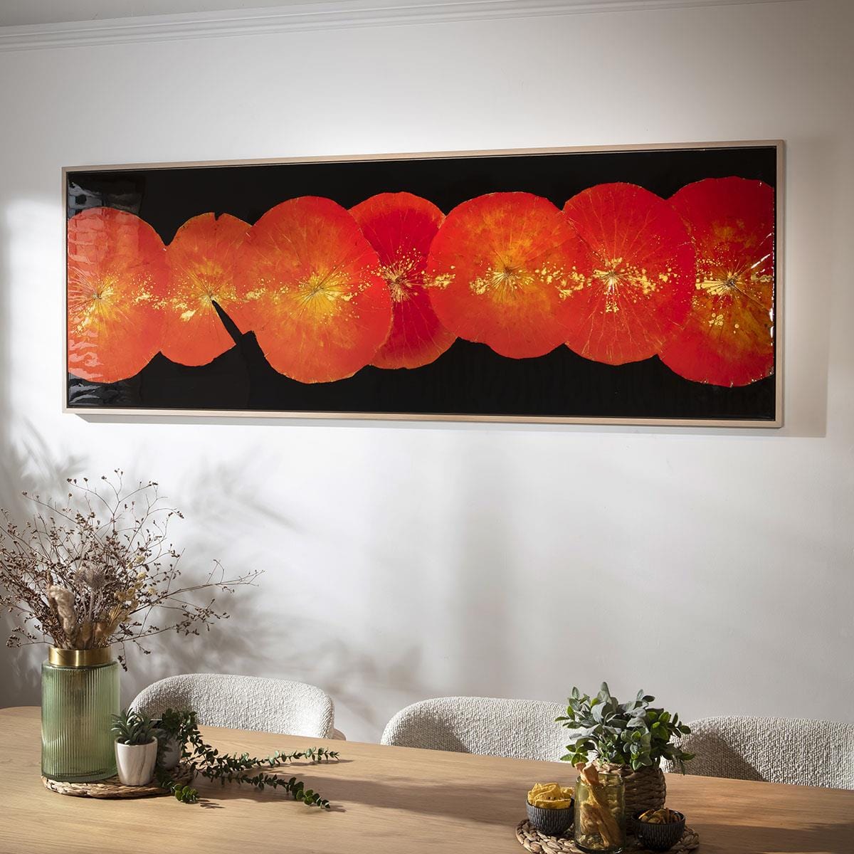 Wide Lotus Framed Wall Artwork Black & Red 200x70cm